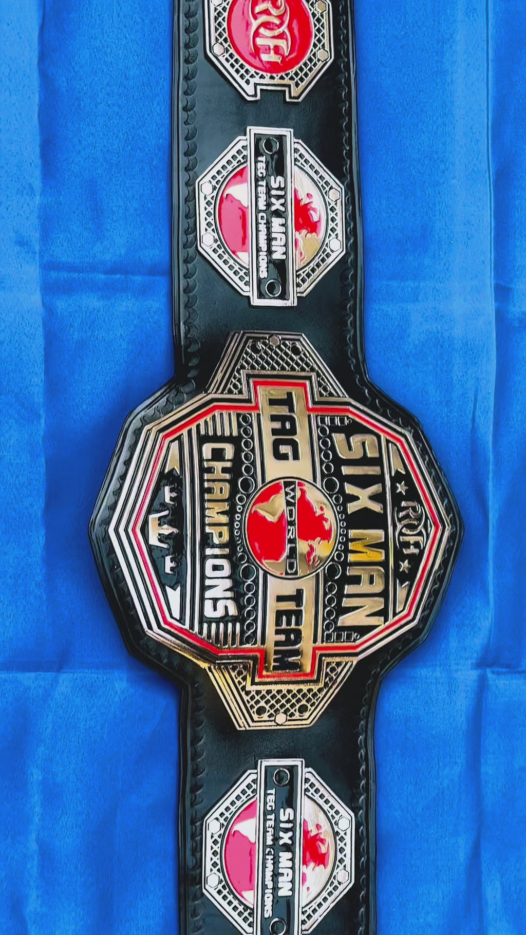 ROH Six Man Tag Team Championship Replica Belt – 4mm Zinc Plates | 24K Gold Plated | Hand Tooled Genuine Leather Adult size wrestling belt