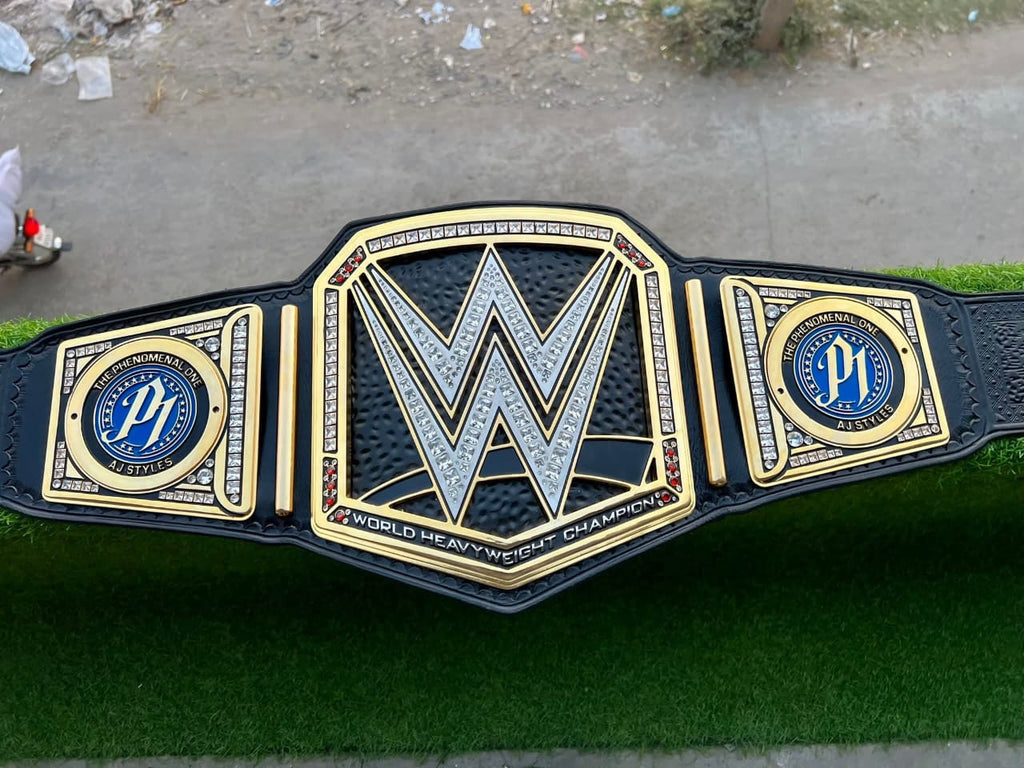 Premium CNC 3D Worldheavyweight Championship Replica Belt 16MM Releatherd With Aj Styles Side Plates 24K Gold Adults Size
