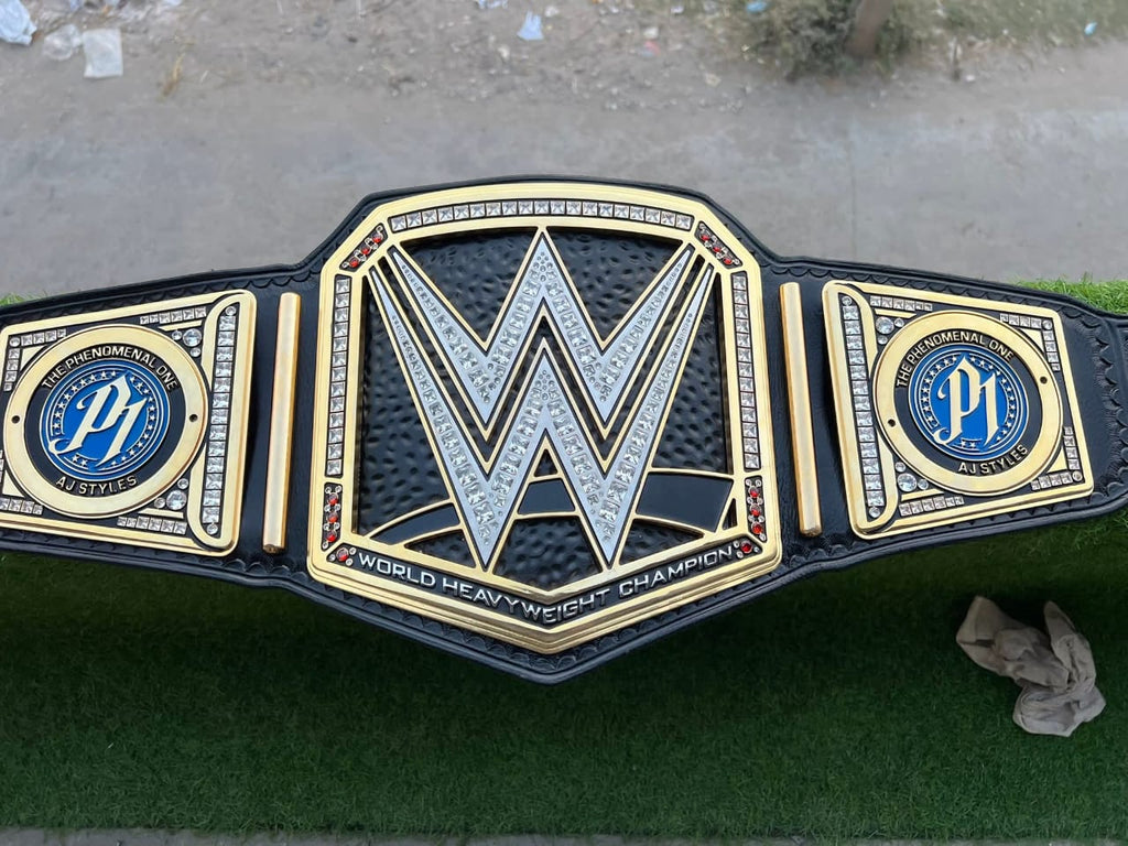 Premium CNC 3D Worldheavyweight Championship Replica Belt 16MM Releatherd With Aj Styles Side Plates 24K Gold Adults Size