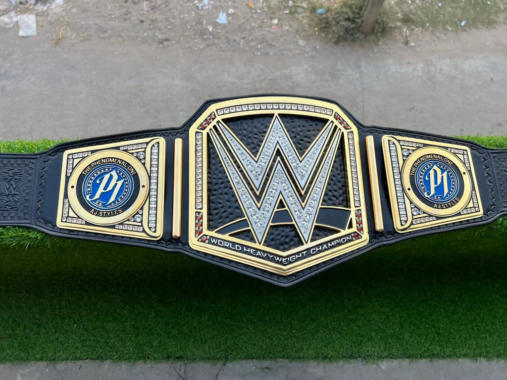 Premium CNC 3D Worldheavyweight Championship Replica Belt 16MM Releatherd With Aj Styles Side Plates 24K Gold Adults Size