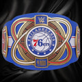 WWE championship belt with Philadelphia 76ers logo on a white background