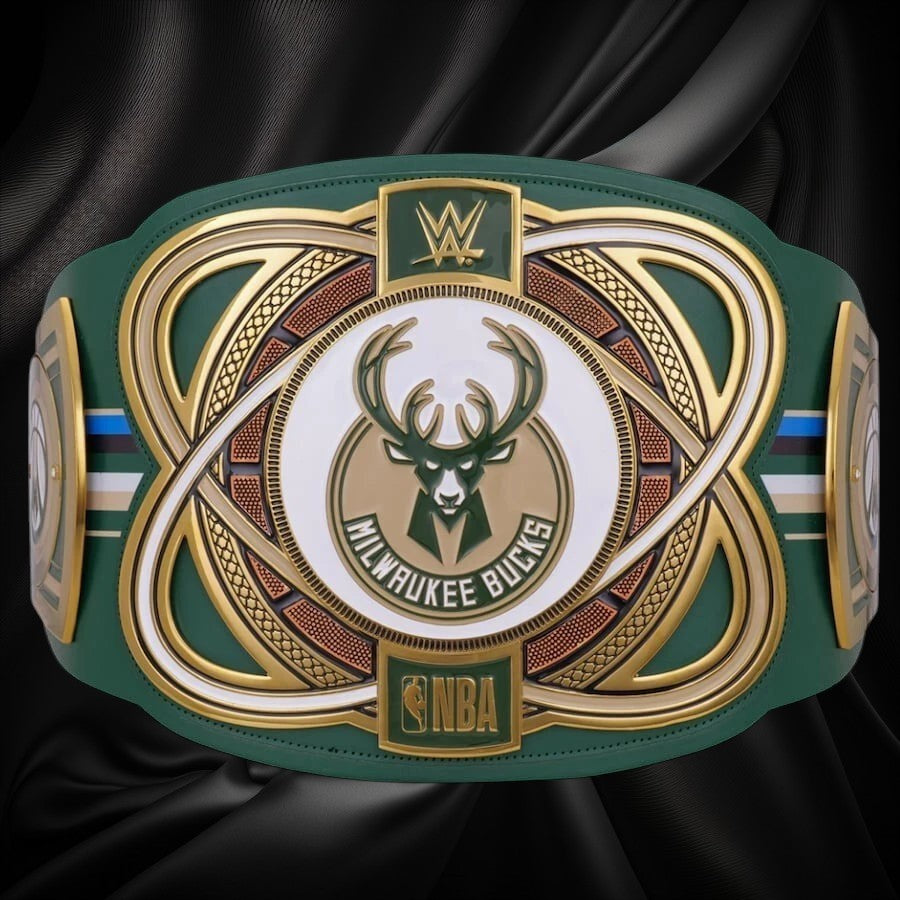 Green and gold championship belt with NBA and Milwaukee Bucks logos on a white background