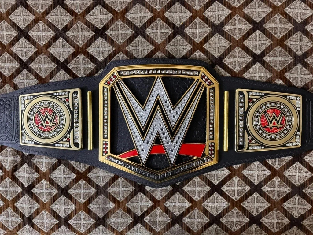 WORLD HEAVYWEIGHT UNIVERSAL CHAMPIONSHIP TITLE BRASS BELT BLACK ADULT SIZE 4MM ZINC