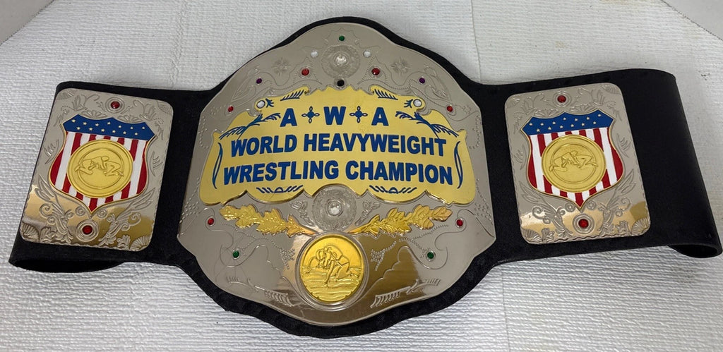 AWA WORLD HEAVYWEIGHT WRESTLING CHAMPIONSHIP 2MM AND 4MM  BRASS  METAL PLATES WITH DEEP EACHING ORIGINAL COWHIDE LEATHER STRAP BELT