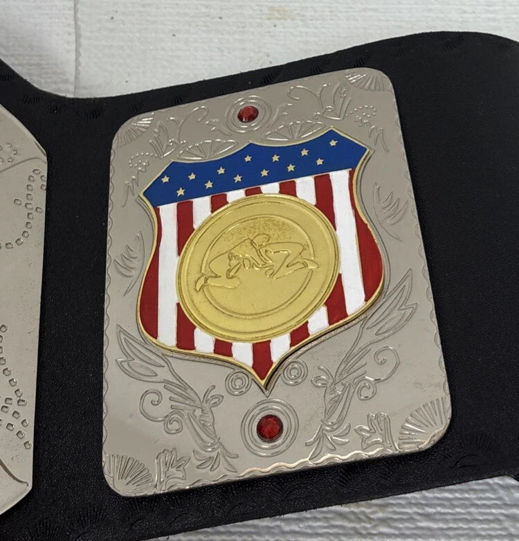 AWA WORLD HEAVYWEIGHT WRESTLING CHAMPIONSHIP 2MM AND 4MM  BRASS  METAL PLATES WITH DEEP EACHING ORIGINAL COWHIDE LEATHER STRAP BELT