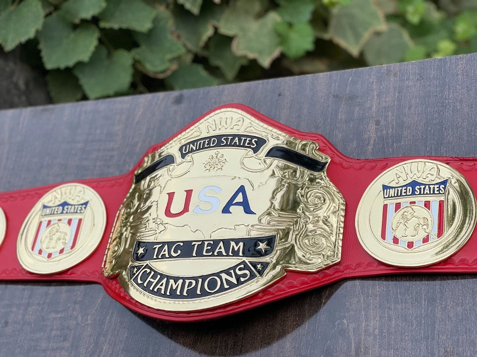 NWA USA Tag Team Heavyweight Champion Replica Belt 2mm Brass Adult Size Red Leather