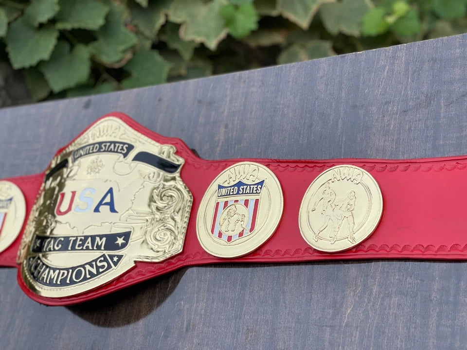 NWA USA Tag Team Heavyweight Champion Replica Belt 2mm Brass Adult Size Red Leather