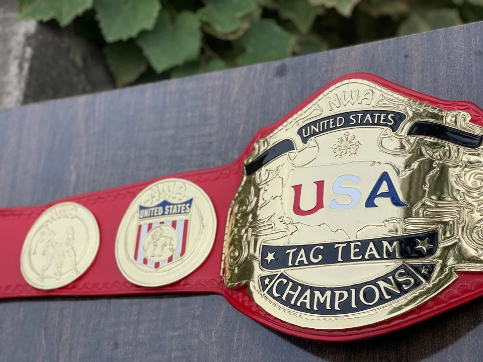NWA USA Tag Team Heavyweight Champion Replica Belt 2mm Brass Adult Size Red Leather