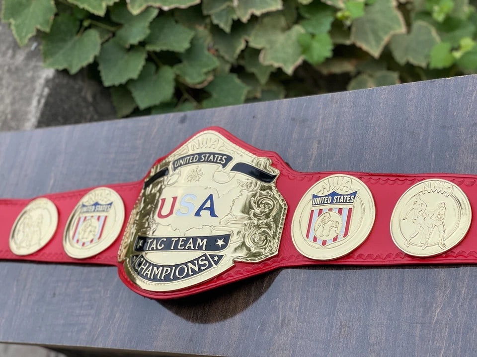 NWA USA Tag Team Heavyweight Champion Replica Belt 2mm Brass Adult Size Red Leather