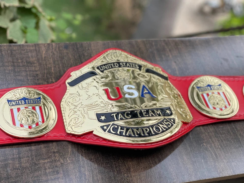 NWA USA Tag Team Heavyweight Champion Replica Belt 2mm Brass Adult Size Red Leather