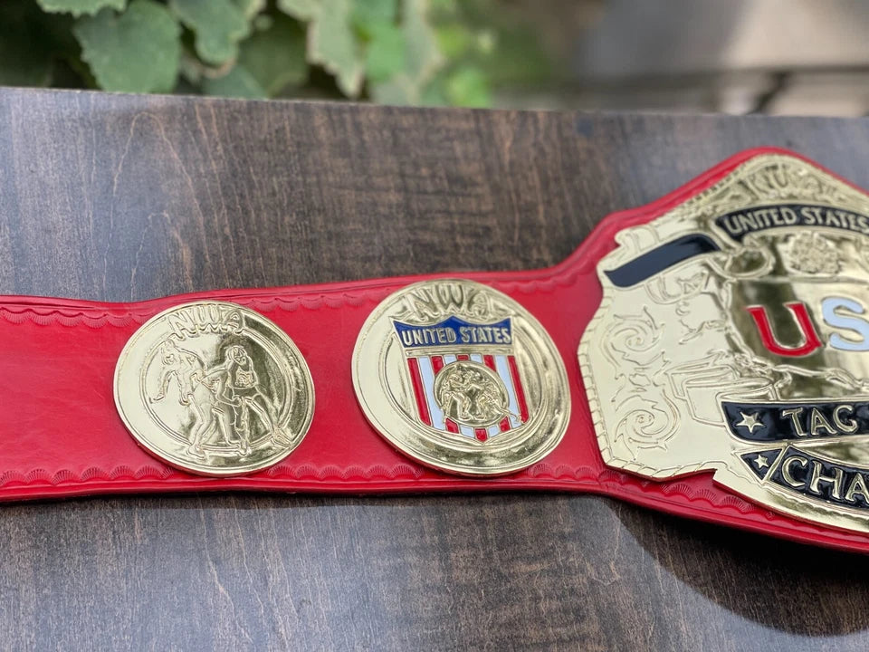 NWA USA Tag Team Heavyweight Champion Replica Belt 2mm Brass Adult Size Red Leather