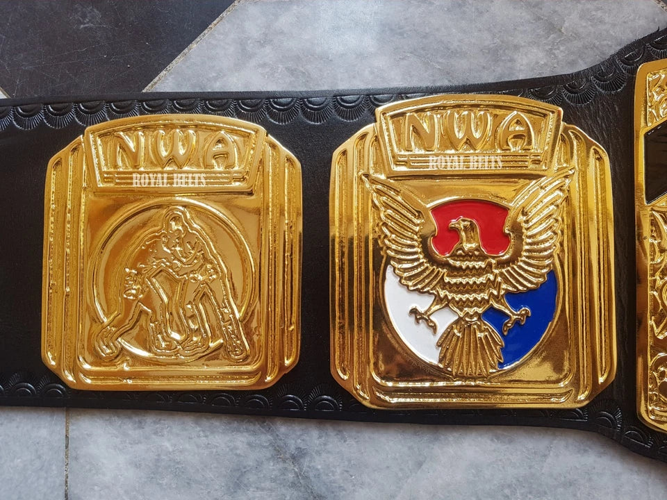 NWA North American Heavyweight Wrestling Champion Title Belt Adult Size 2mm Brass Black Leather