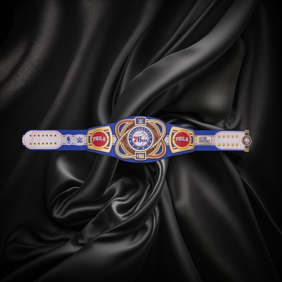 Wrestling championship belt with blue and gold design on a white background