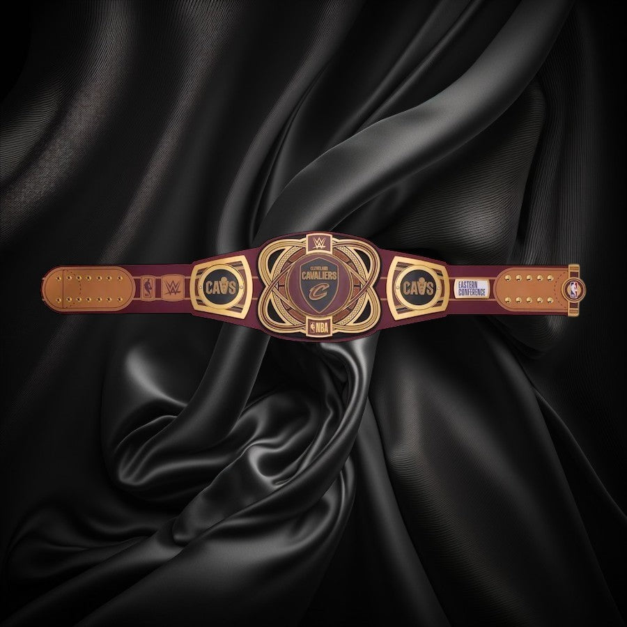 Maroon and gold championship belt with 'Cavs' logo on a white background