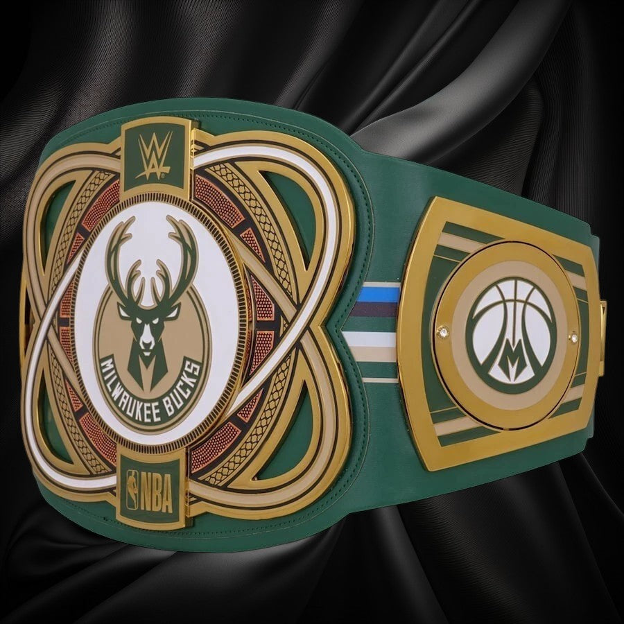 Green championship belt with Milwaukee Bucks logo on a white background