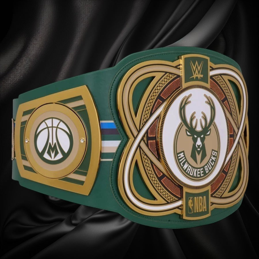 Belt buckle with Milwaukee Bucks logo and NBA branding on a white background