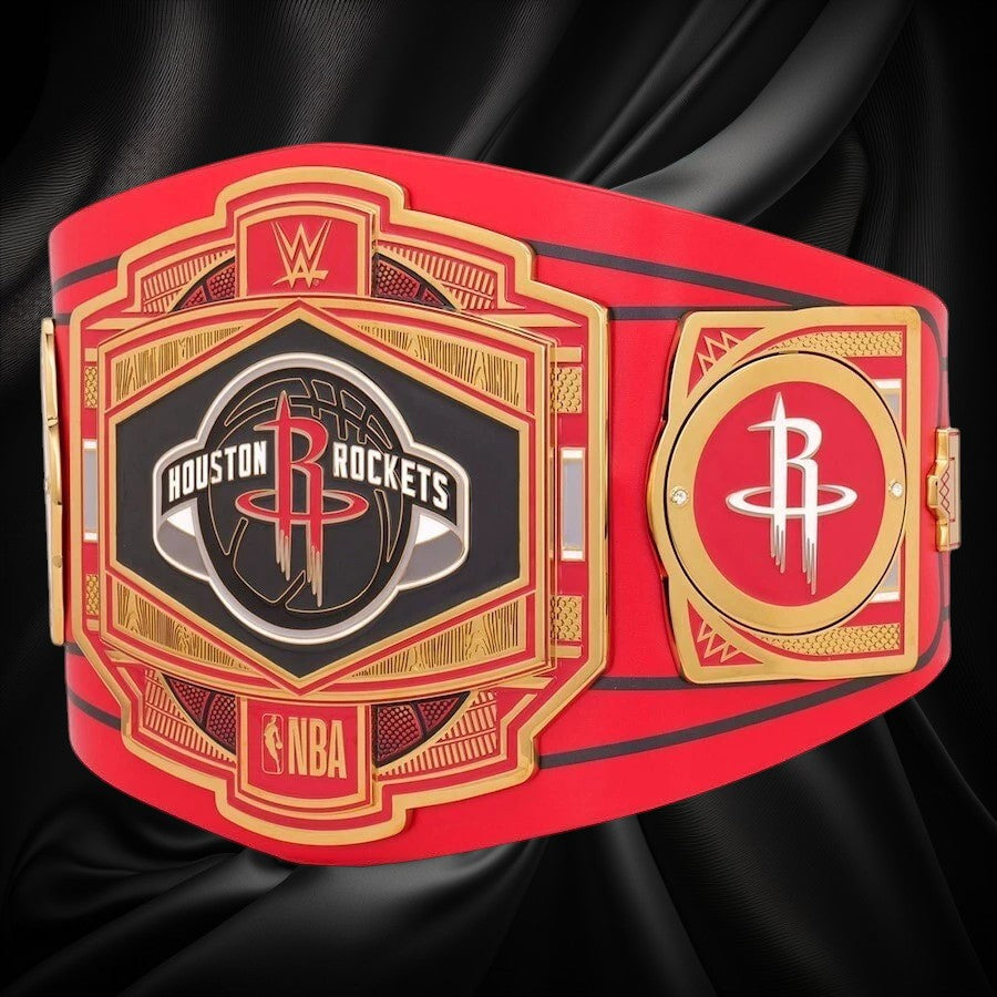 Red championship belt with Houston Rockets and NBA logos on a white background