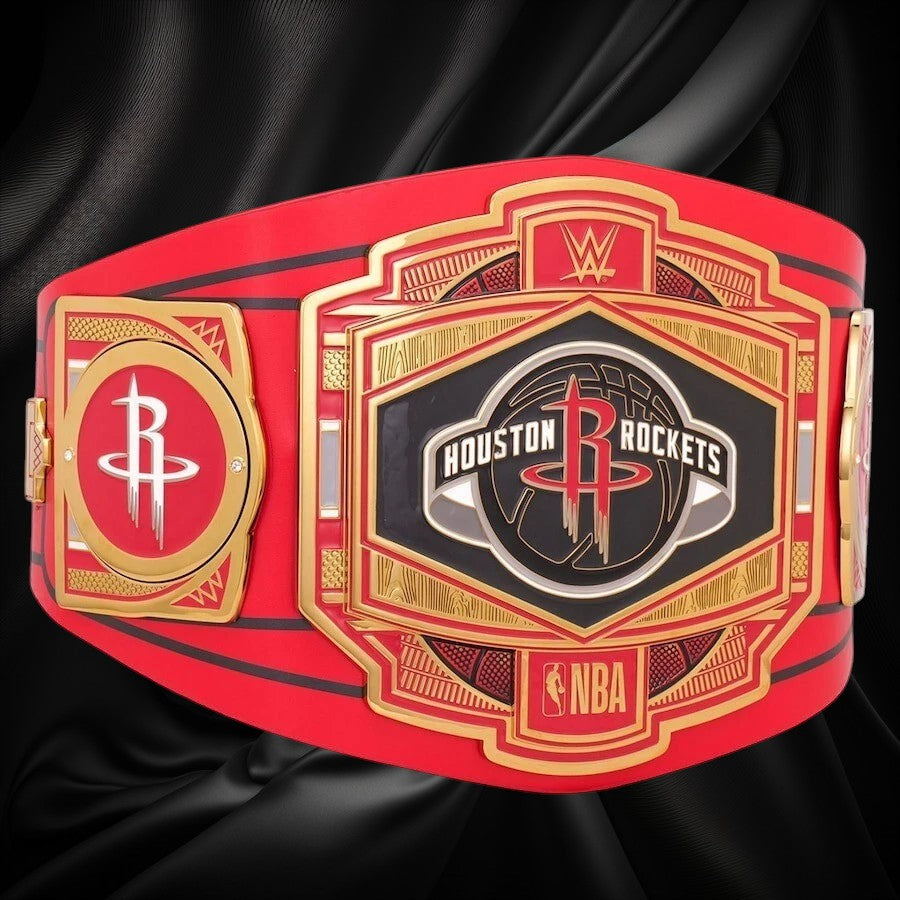 Red championship belt with Houston Rockets logo and NBA branding on a white background