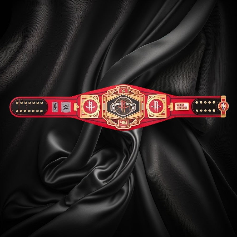 Red championship belt with gold and black details on a white background