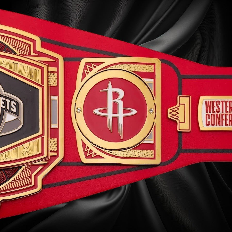 Red and gold championship belt with Houston Rockets logo