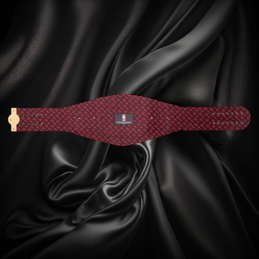 Red and black patterned belt with a logo on a white background