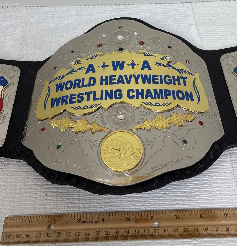 AWA WORLD HEAVYWEIGHT WRESTLING CHAMPIONSHIP 2MM AND 4MM  BRASS  METAL PLATES WITH DEEP EACHING ORIGINAL COWHIDE LEATHER STRAP BELT