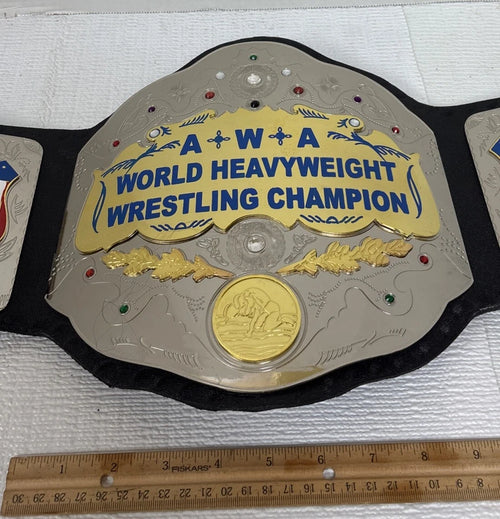 AWA WORLD HEAVYWEIGHT WRESTLING CHAMPIONSHIP 2MM AND 4MM  BRASS  METAL PLATES WITH DEEP EACHING ORIGINAL COWHIDE LEATHER STRAP BELT