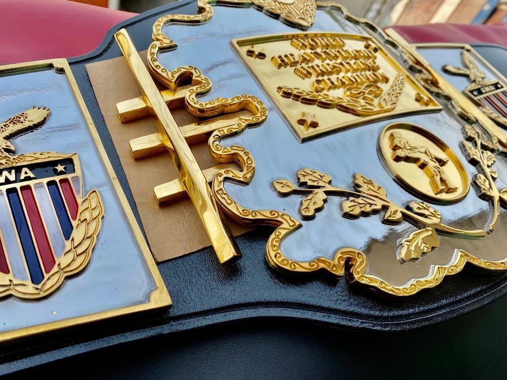 AWAWorldHeavyweight2-2 AWA Championship Belts - Premium Gold Plated Adult Size Replica - 100% Genuine Cowhide Leather