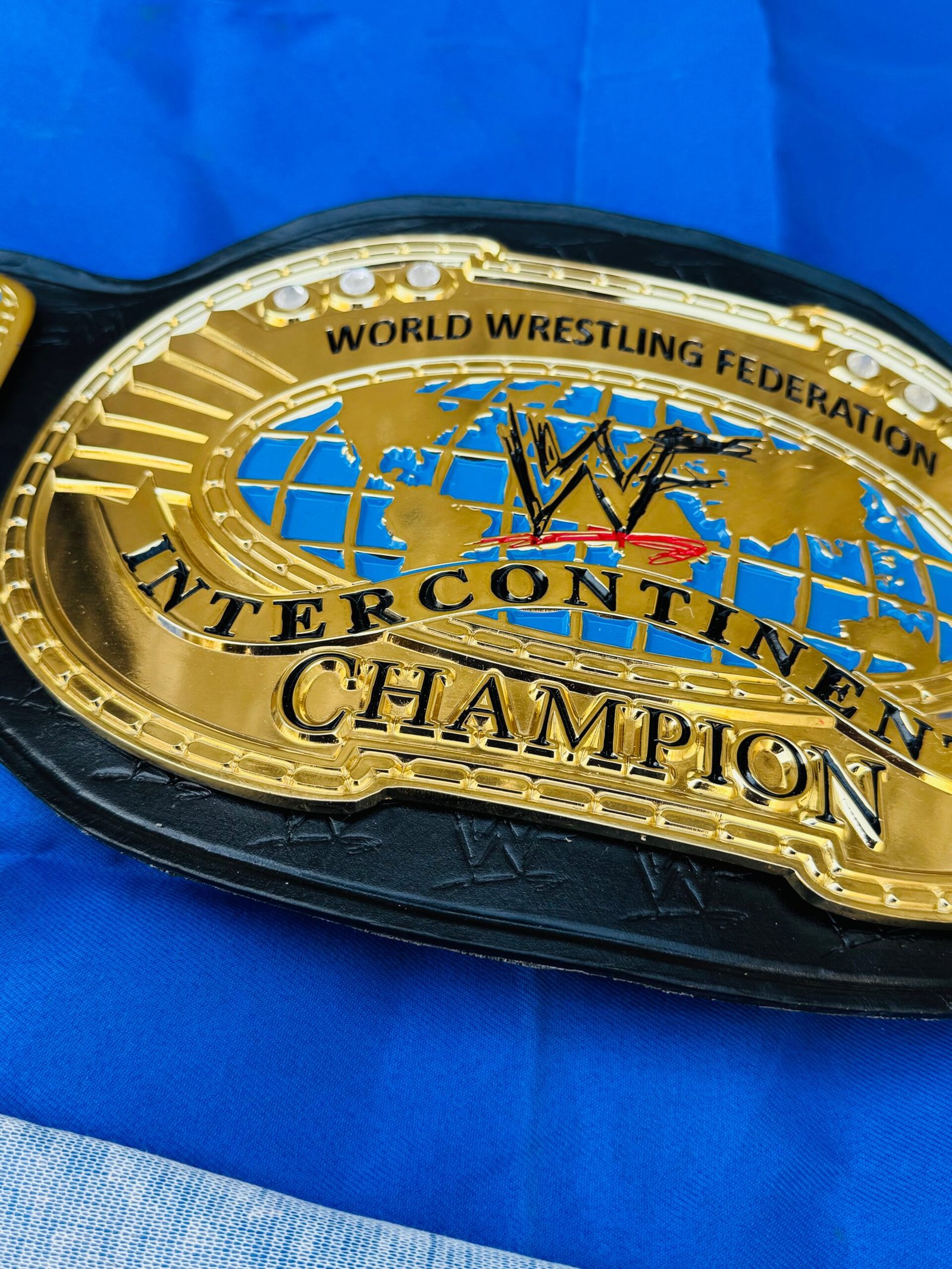 IMG_5555 WWF Intercontinental Championship Replica Belt 4mm Zinc 24kt Gold Adult size replica hand tooled original cowhide leather strap - Image 6