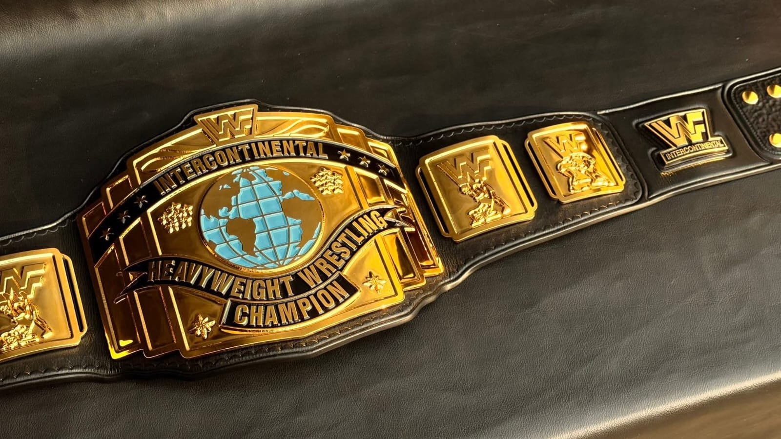 as_1 Premium CNC 3D WWF Intercontinental Heavyweight Championship replica belt 24k gold-plated plates and a black leather strap hand tooling - Image 2
