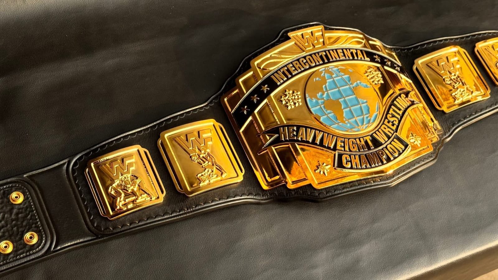 as_4 Premium CNC 3D WWF Intercontinental Heavyweight Championship replica belt 24k gold-plated plates and a black leather strap hand tooling