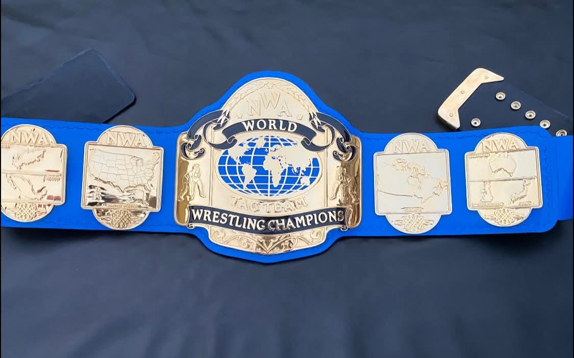 bs_1 NWA World Tag Team wrestling Championship belt,4mm Zinc,Gold Plated.Real Leather