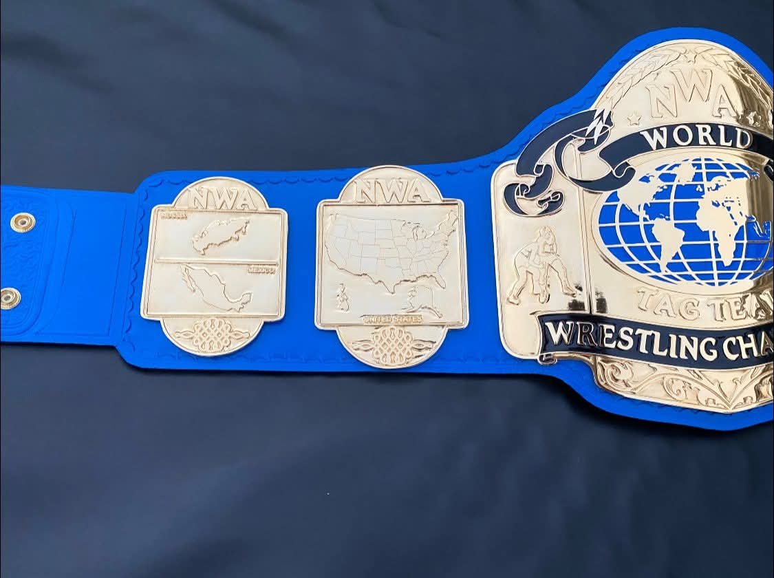 bs_2 NWA World Tag Team wrestling Championship belt,4mm Zinc,Gold Plated.Real Leather - Image 2