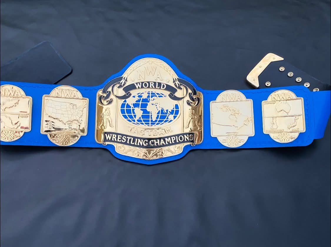 bs_6 NWA World Tag Team wrestling Championship belt,4mm Zinc,Gold Plated.Real Leather - Image 6