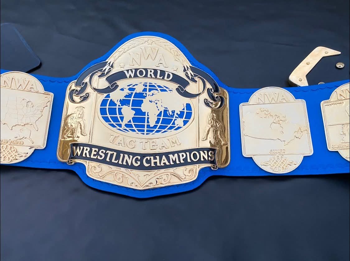 bs_8 NWA World Tag Team wrestling Championship belt,4mm Zinc,Gold Plated.Real Leather - Image 8