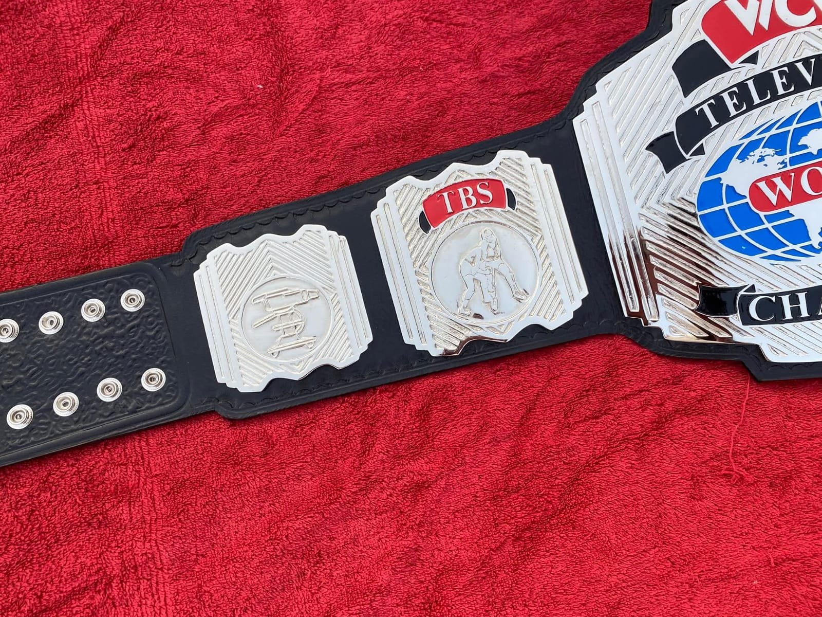 bt_2 WCW World Television Championship Belt Adult Size 4mm Zinc - Black & White Strap Edition - Free Shipping - Image 2
