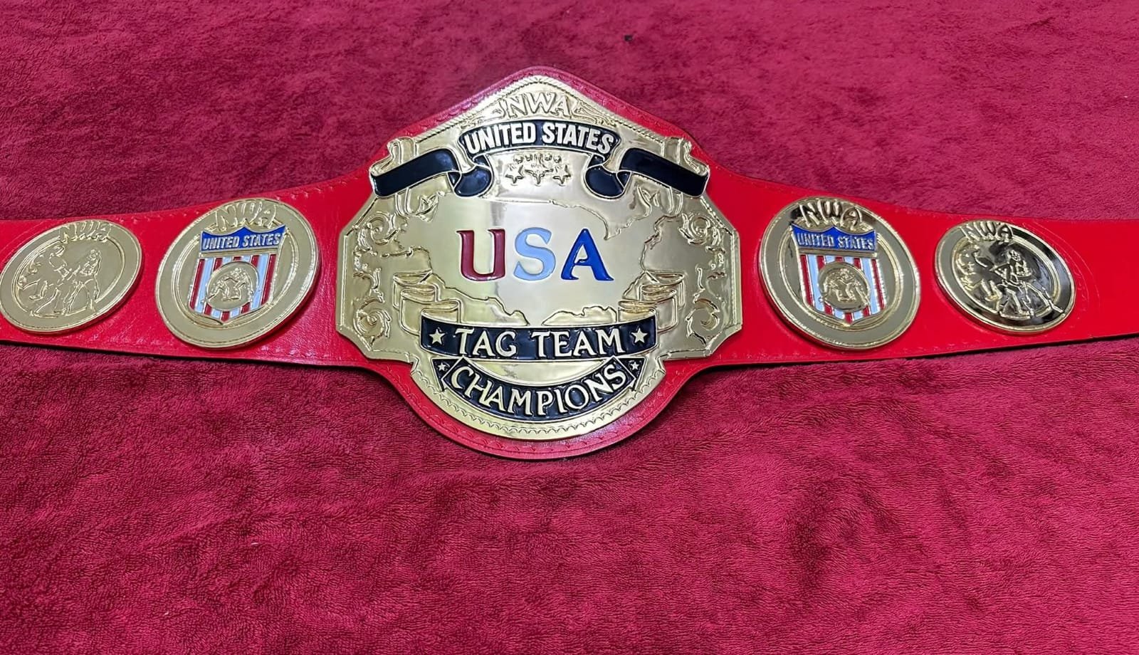 bx_7 Nwa United states Tag Team Championship belt,4mm Zinc,Gold Plated.real Leather - Image 7