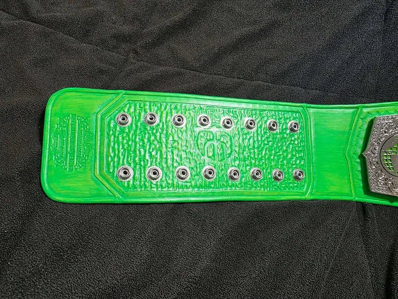 il_794xN.7793942065_qt0e 4MM Zinc TNA International Heavyweight Championship Title Belt with Custom Green Strap Adult Size. - Image 9