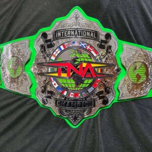 4MM Zinc TNA International Heavyweight Championship Title Belt with Custom Green Strap Adult Size.