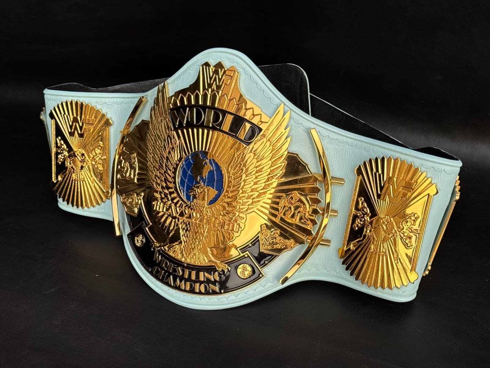 n_6 Premium CNC 3D Light Blue WWF Winged Eagle Championship Replica Title Belt 4MM 24k Gold