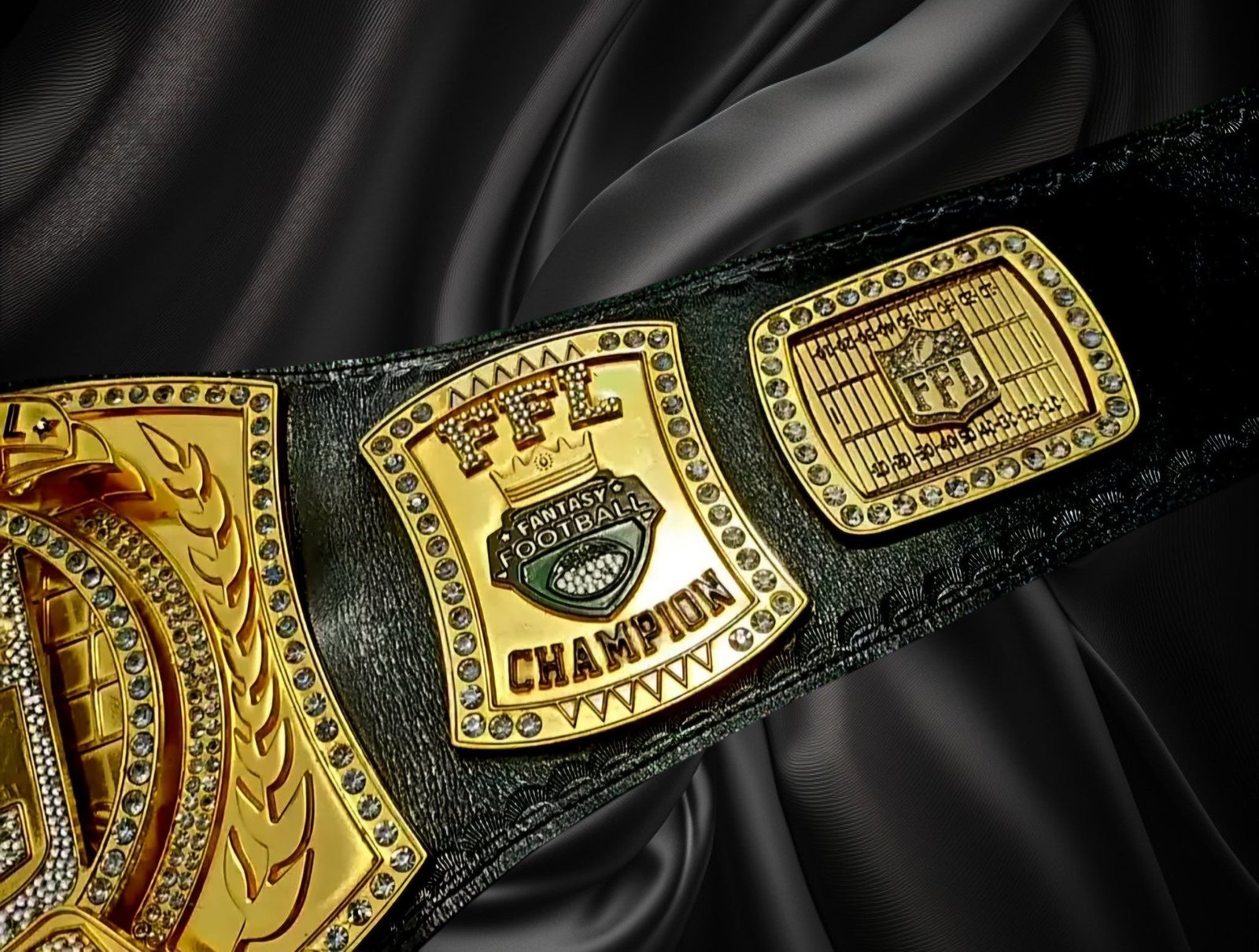 ottoman-belts-fantasy-football-championship-belt Ottoman Belts gold fantasy football championship belt with crystal accents and detailed metal plates on black leather