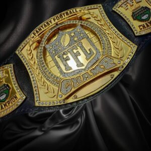 Ottoman Belts fantasy football championship belt with gold finish, crystal accents, and FFL logo on black fabric.