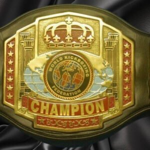 Ottoman Belts World Kickboxing Federation championship belt with gold-tone finish, red enamel, and synthetic leather.