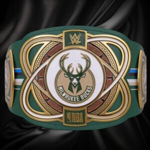 Green and gold championship belt with NBA and Milwaukee Bucks logos on a white background