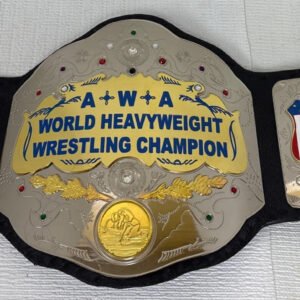 AWA WORLD HEAVYWEIGHT WRESTLING CHAMPIONSHIP 2MM AND 4MM  BRASS  METAL PLATES WITH DEEP EACHING ORIGINAL COWHIDE LEATHER STRAP BELT
