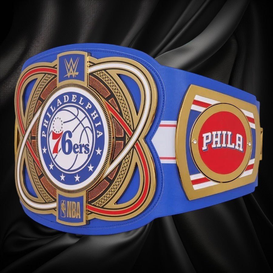 s-l960_61_6a972f0b-b9ff-4d08-b66e-b18e42b1a8e7 Wrestling championship belt with Philadelphia 76ers and NBA logos on a white background